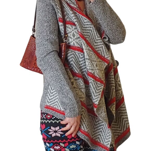 American Eagle Outfitters open front sweater knit cardigan red gray Fair Isle - Picture 3 of 8